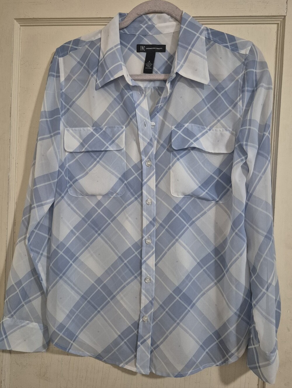INC Blue Plaid Polyester Shirt